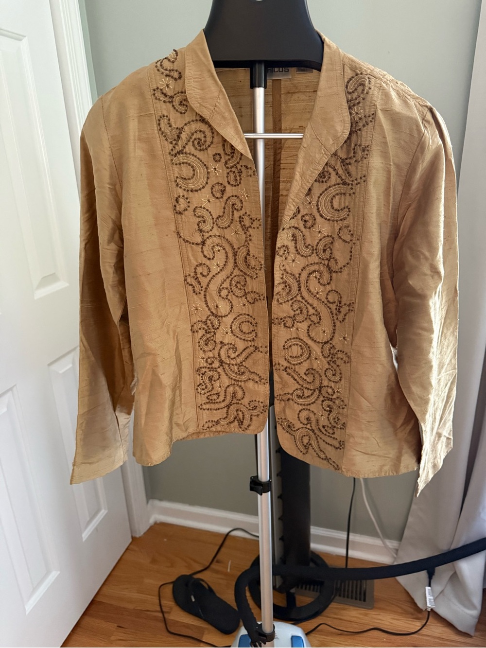 Chico’s 100% Silk‎ Embellished Beaded Open Front Jacket Size L Boho Artsy